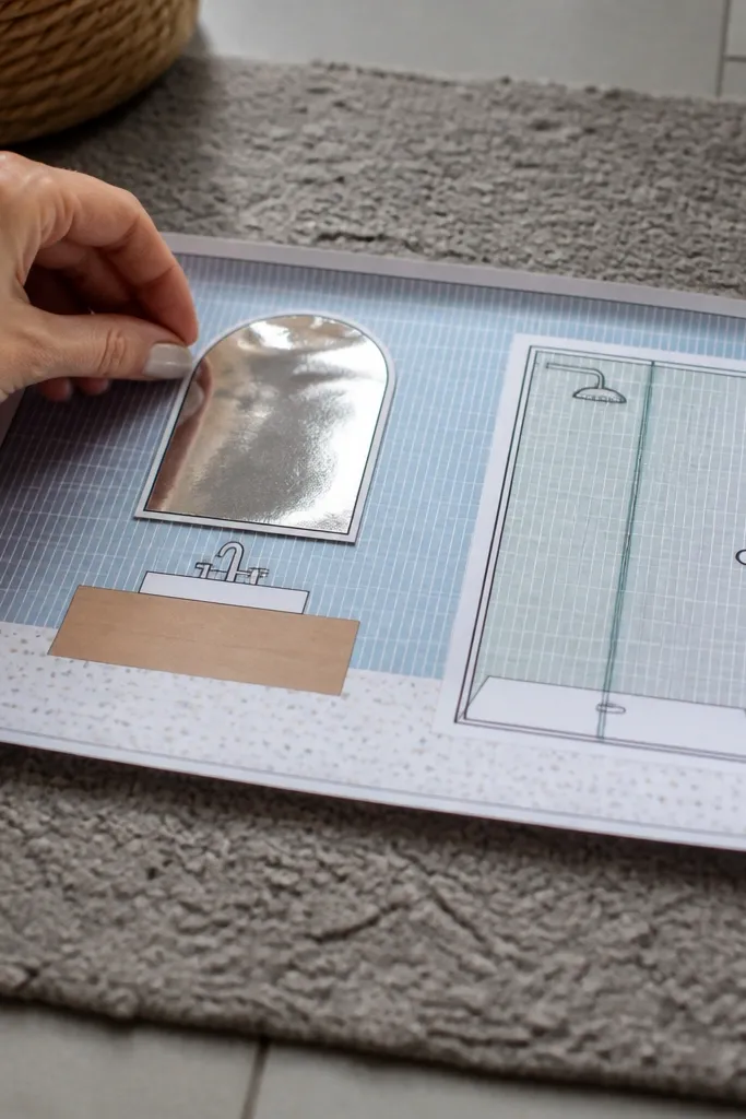 Paper doll bathroom with a mirror frame and a shower stall outline