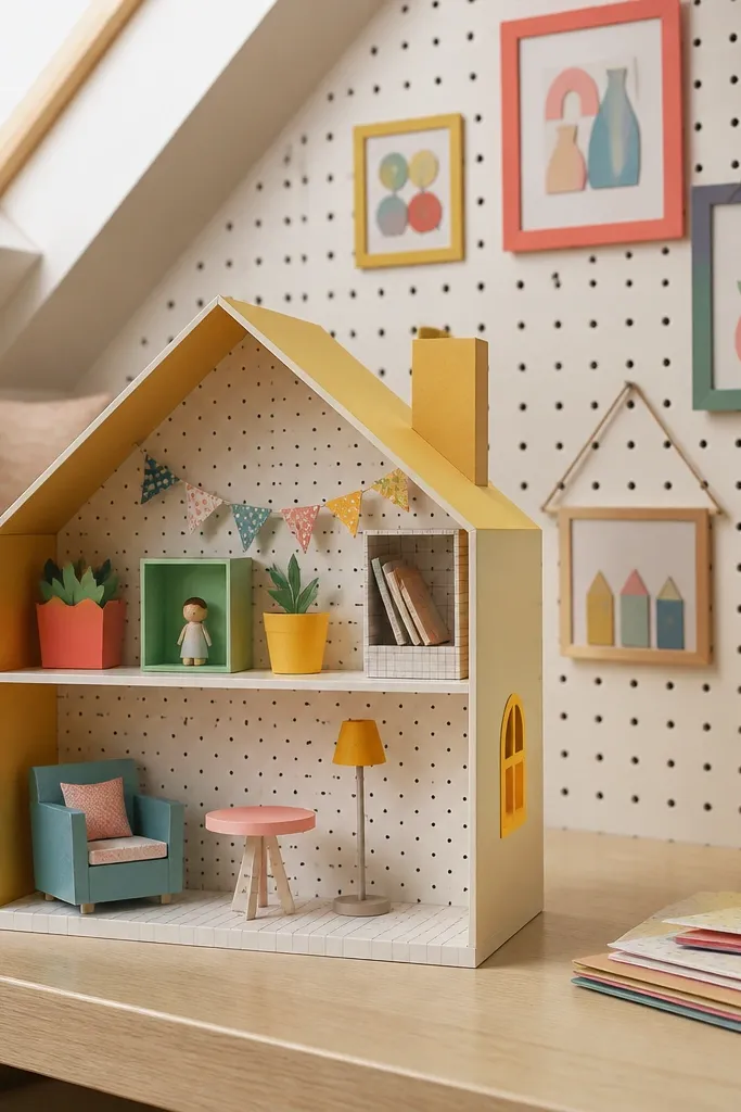 Paper doll playroom with pegboard wall and framed pictures