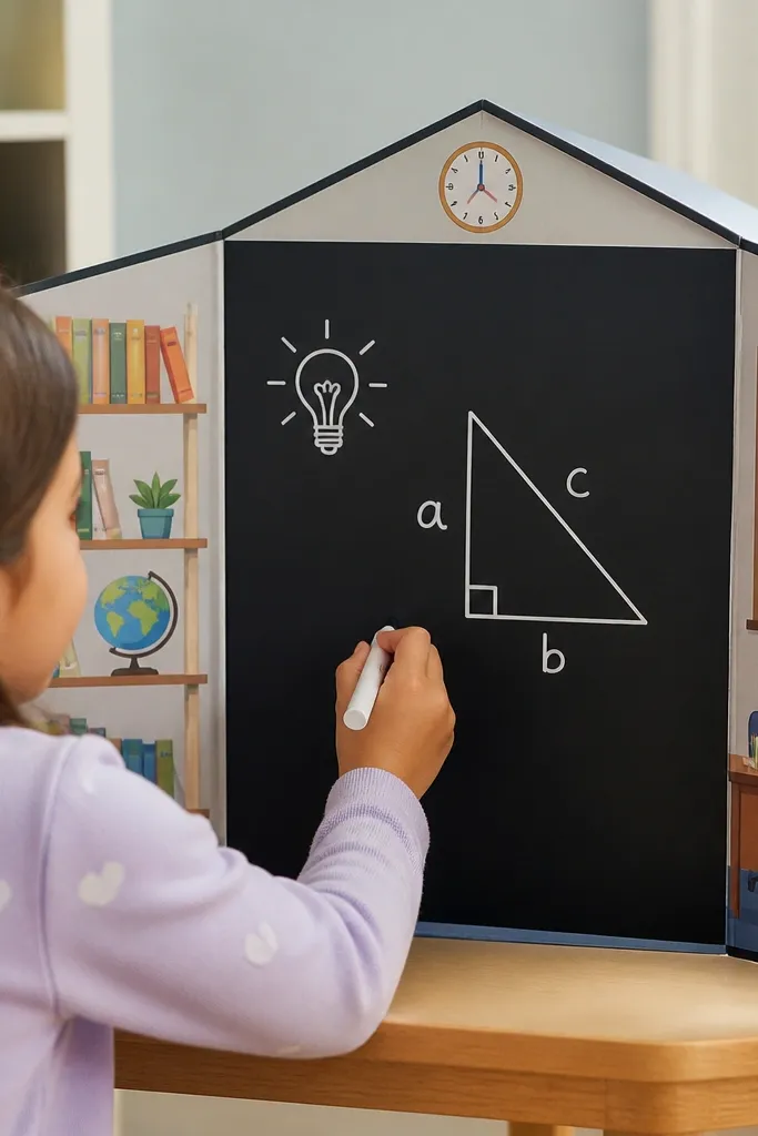 Paper doll classroom house with a chalkboard wall and desk area