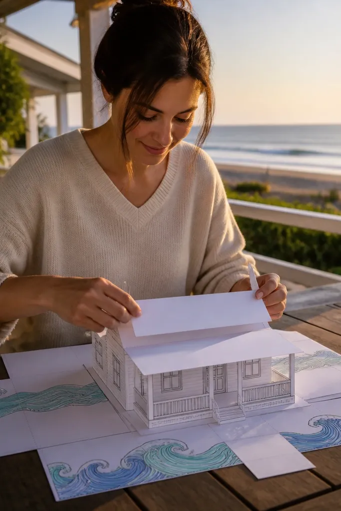 Paper doll beach house with wave border wallpaper and a porch