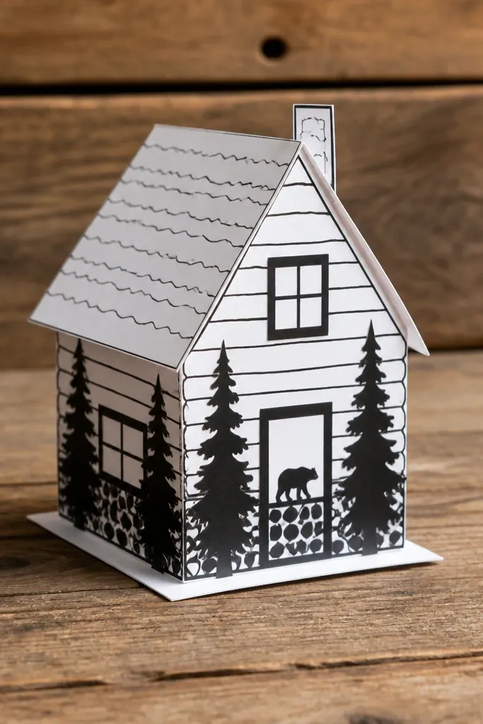 Paper doll cabin with pine tree silhouette exterior panels