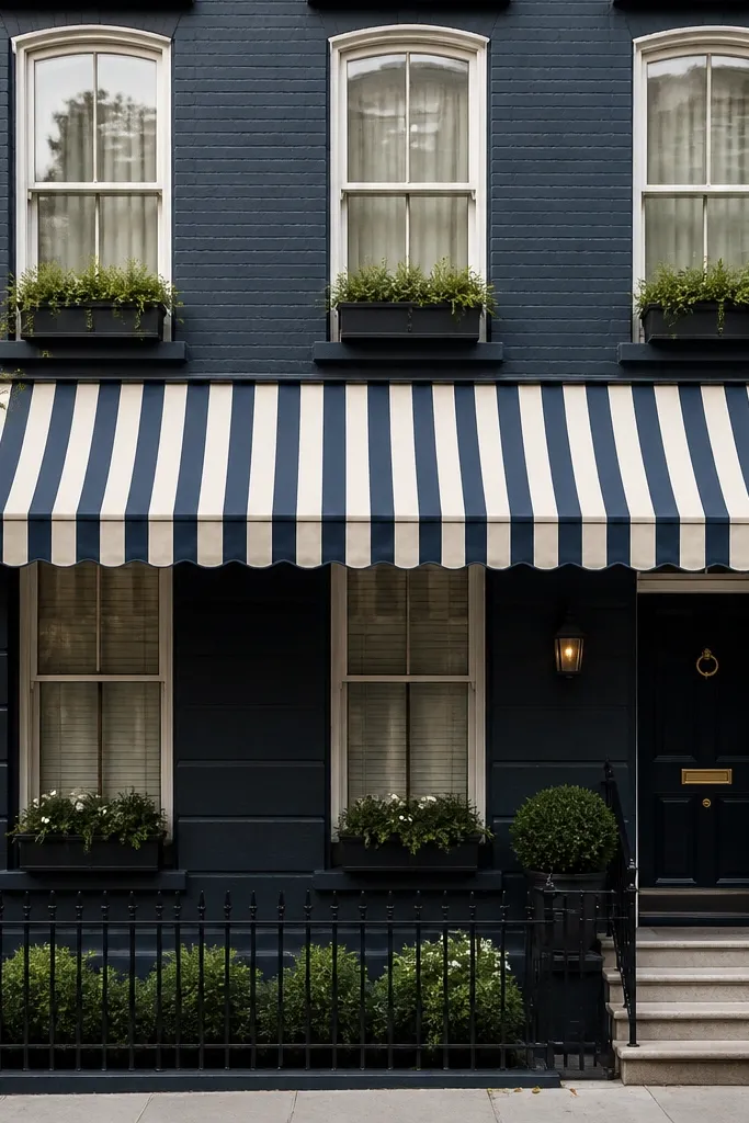 Paper doll townhouse with striped window awnings and clean wall panels