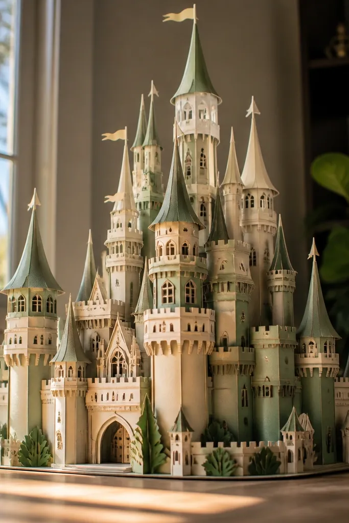 Paper doll castle with two-tone turrets and arched windows