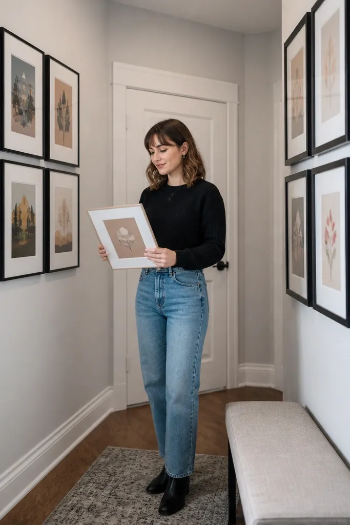 Modern paper dollhouse with a hallway gallery wall of frames