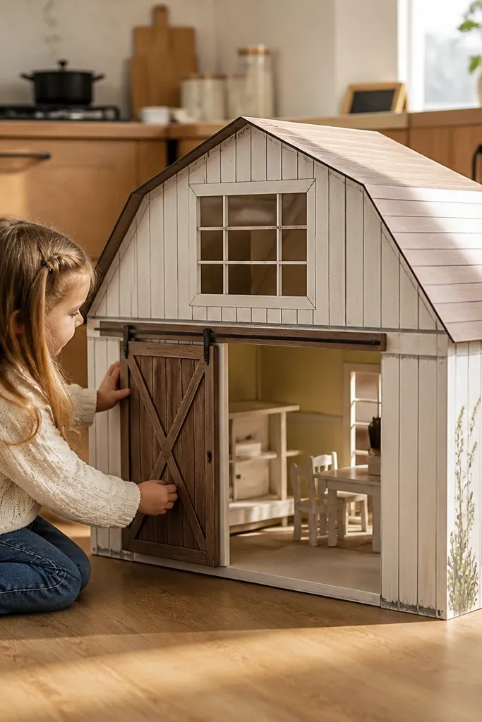 Paper doll farmhouse with a sliding barn door panel on the side