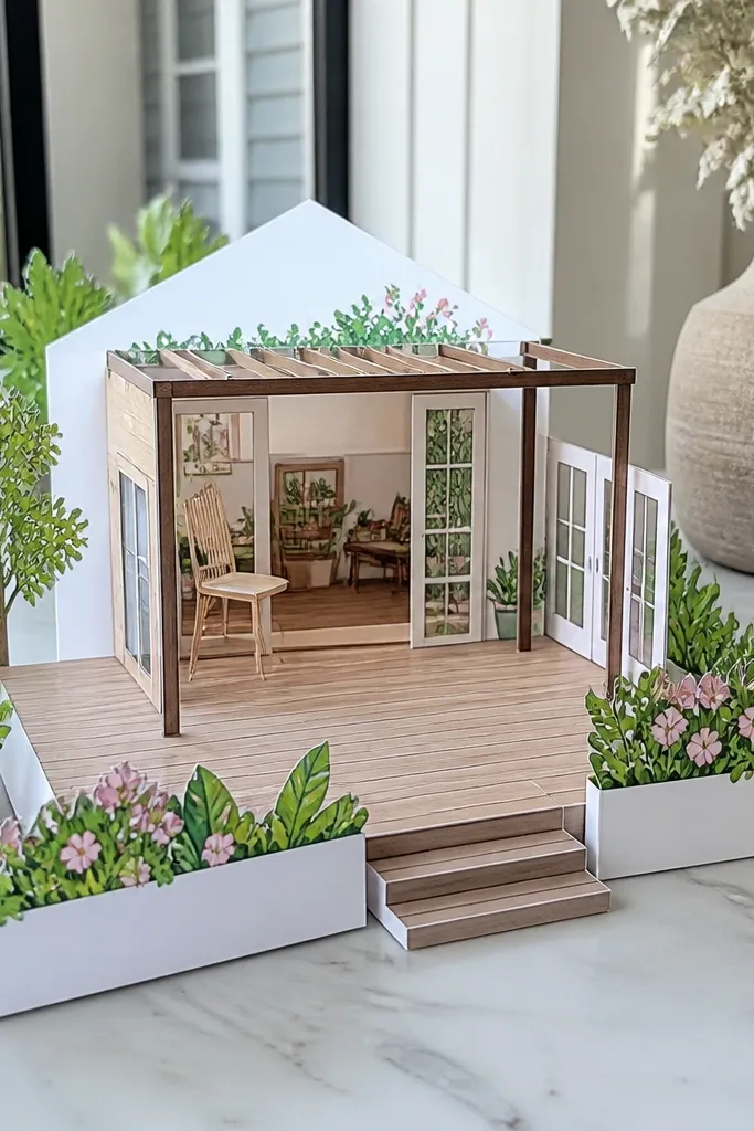 Paper doll patio house with planter boxes and a small outdoor deck