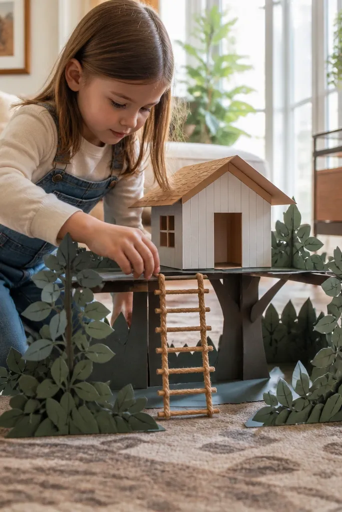 Paper doll treehouse with rope ladder steps and leafy frame