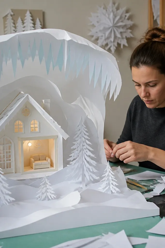 Paper doll winter house with snow drift base and icicle roof edges