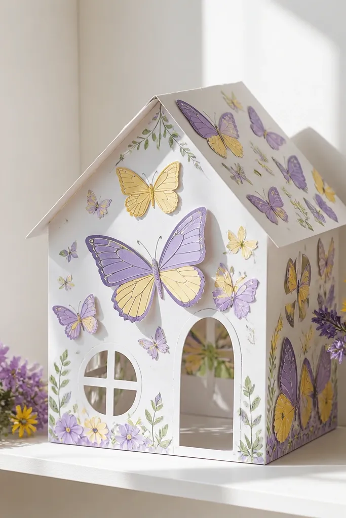 Paper doll spring house with butterfly decals on the walls