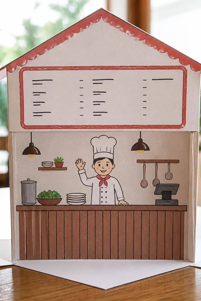 Paper doll restaurant house with a menu board and front counter
