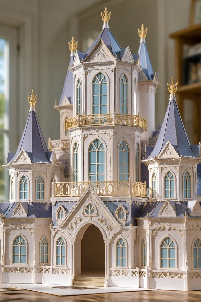 Paper doll princess house with tall tower windows and a balcony