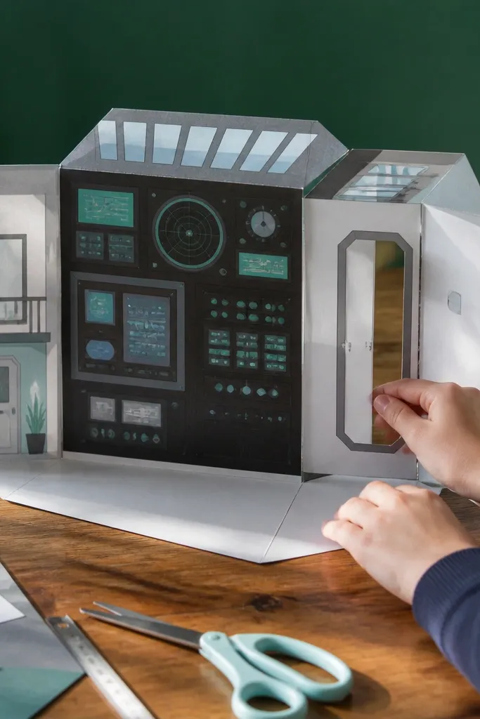 Paper doll spy house with a secret door and a control panel wall