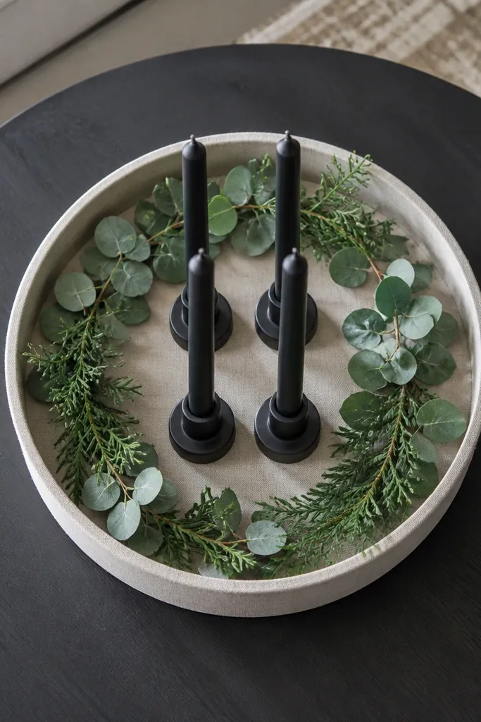 White linen tray with two black taper candles and small greenery around them