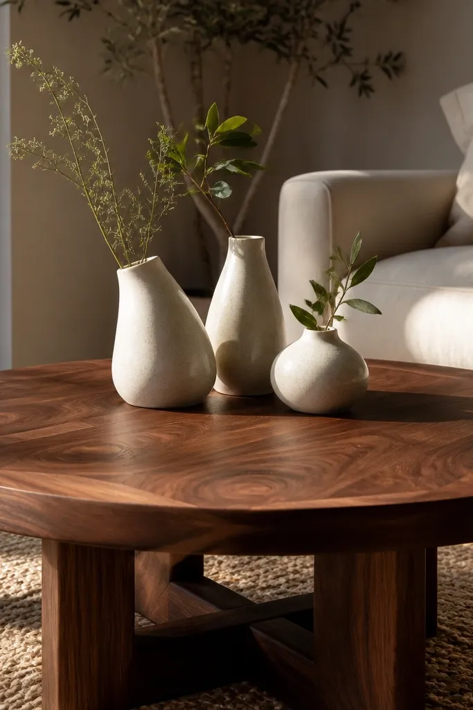 Small walnut wood slab with three ceramic bud vases and one short bouquet