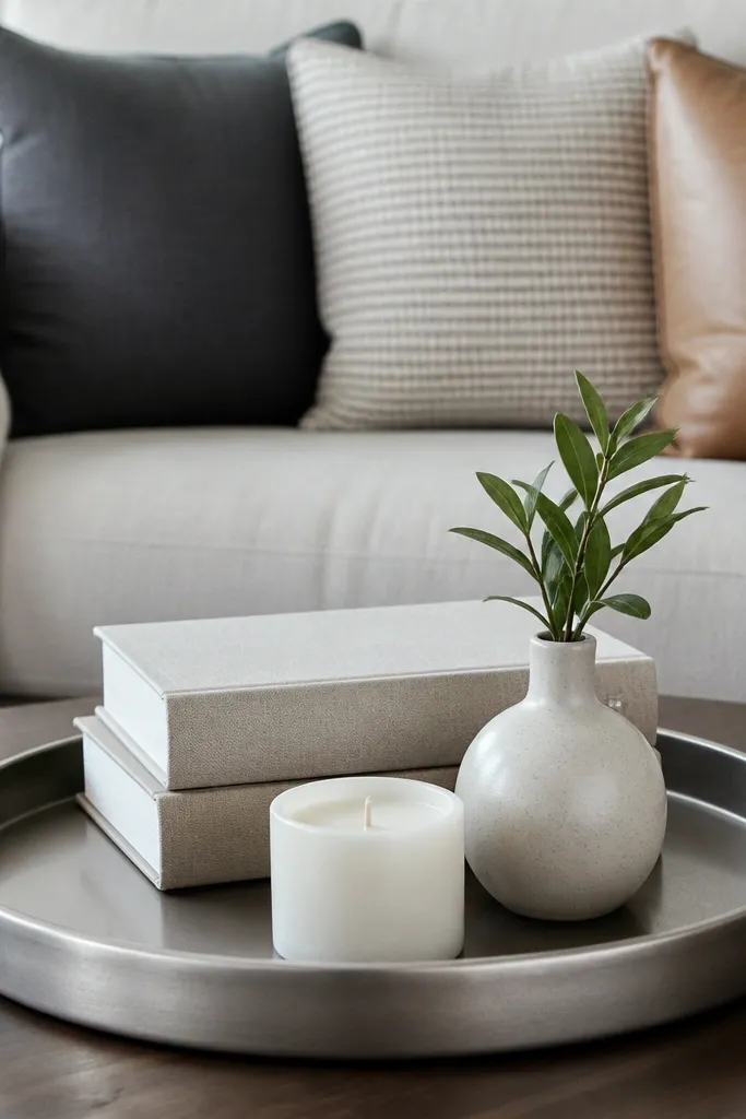 Stack of two books with a small round tray holding a candle and mini decor items