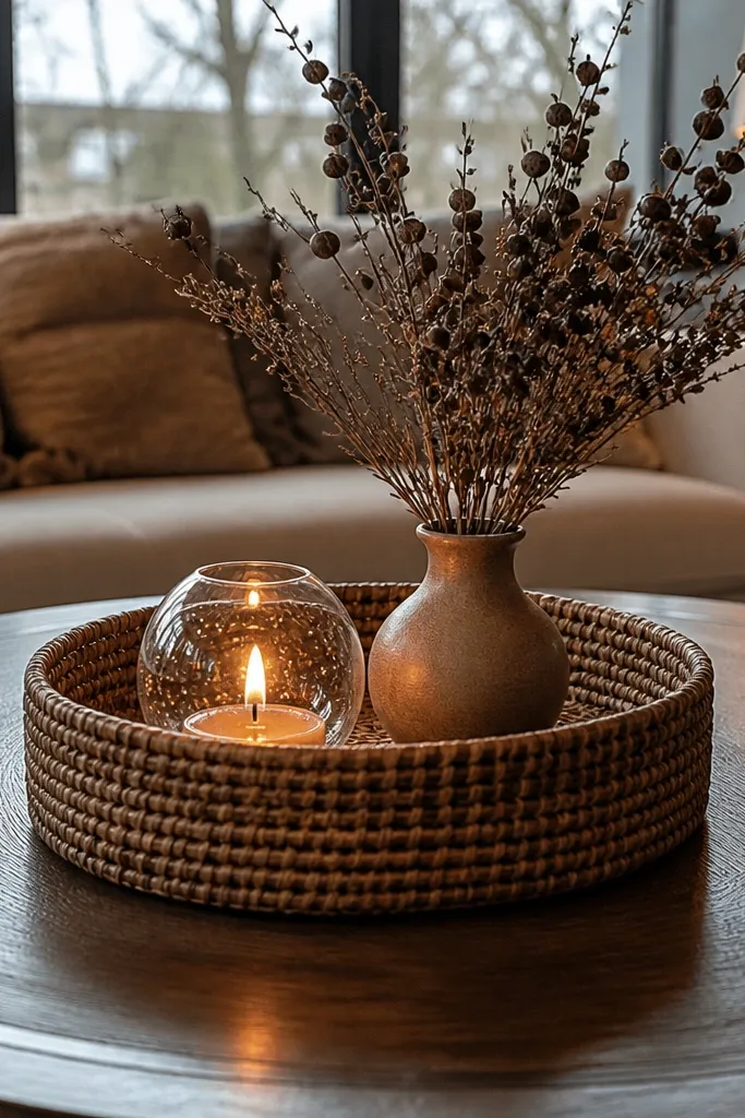 Woven rattan basket with a clear glass orb candle and a few dried stems