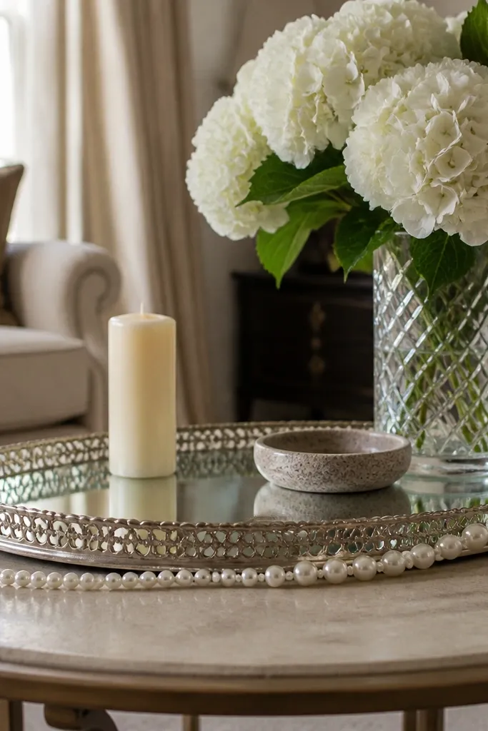 Small mirrored tray with a candle and a faux pearl string draped across the surface