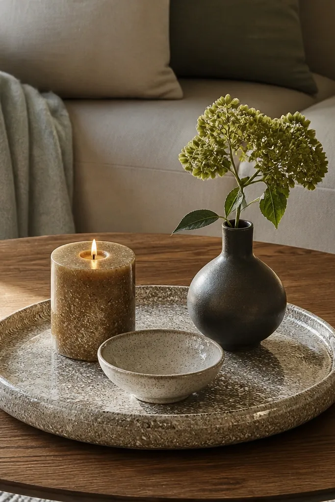 Large stoneware plate on a tray with two small stacked objects and a short candle