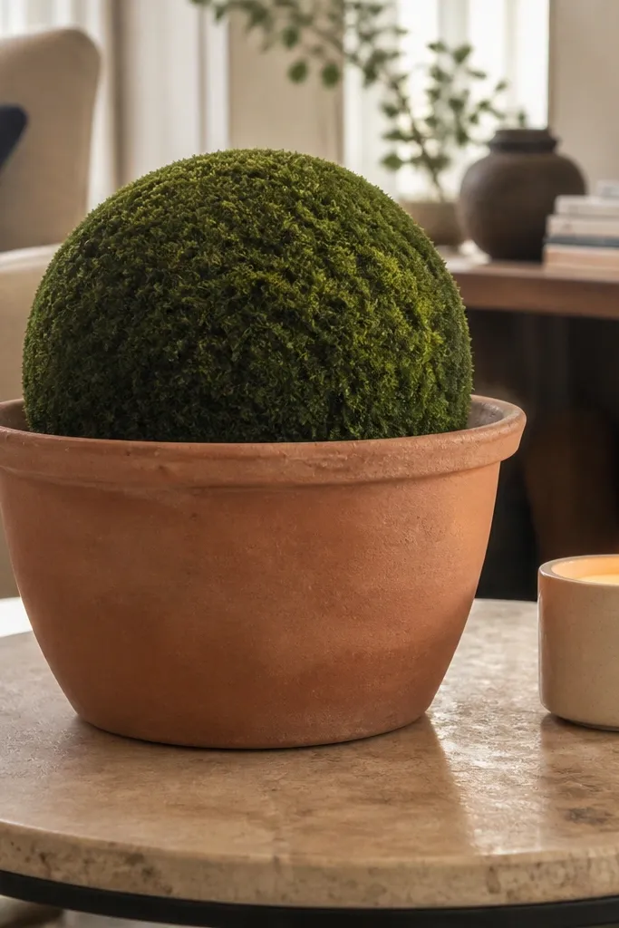 Terracotta planter with a mossy foam ball and a small candle on a tray