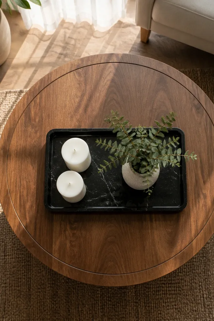 Black marble tray with two white candles and a small vase with greenery
