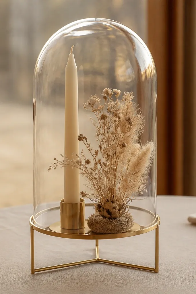 Gold wire stand with a small glass cloche over a candle and a tiny decorative object