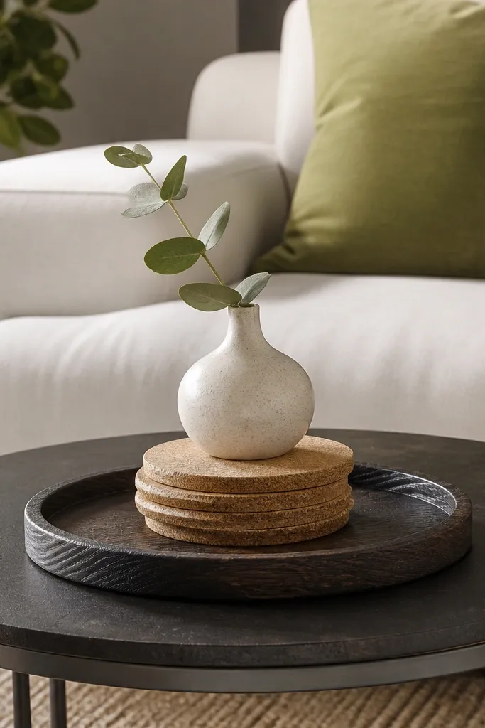 Tray holding stacked coasters with a small vase and a single candle