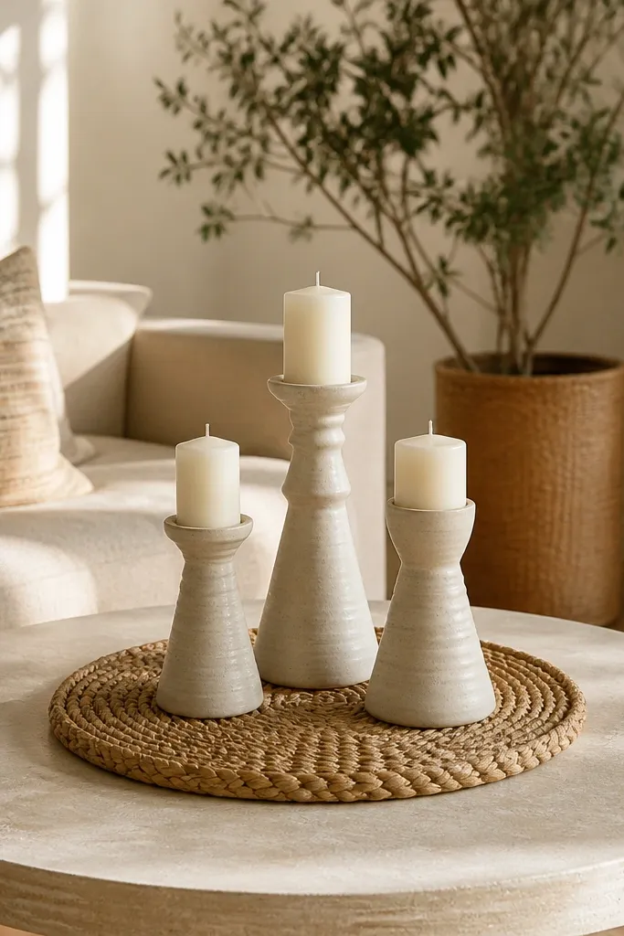Woven round charger with three ceramic candlesticks and a small dish