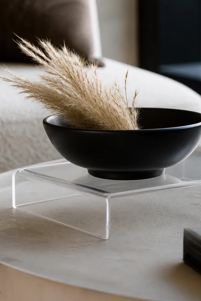Clear acrylic riser holding a black bowl with a few dried pampas stems