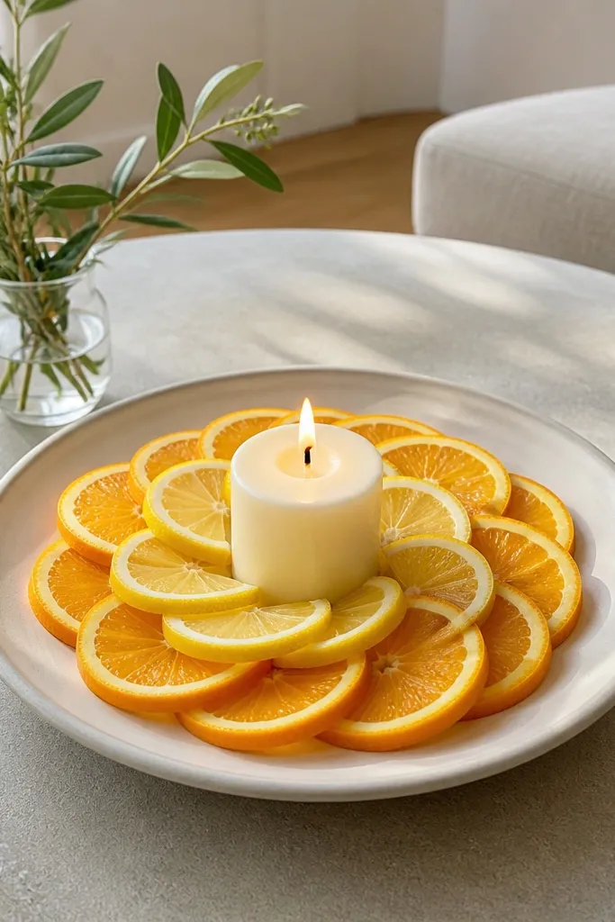 Cream platter with a candle ring and small citrus-like decor slices