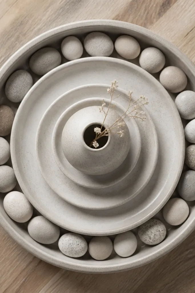 Monochrome ceramic stack with a tray and a thin border of small stones around the edge