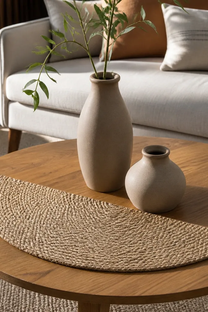 Woven runner placed like a half-circle with two small vases and a candle
