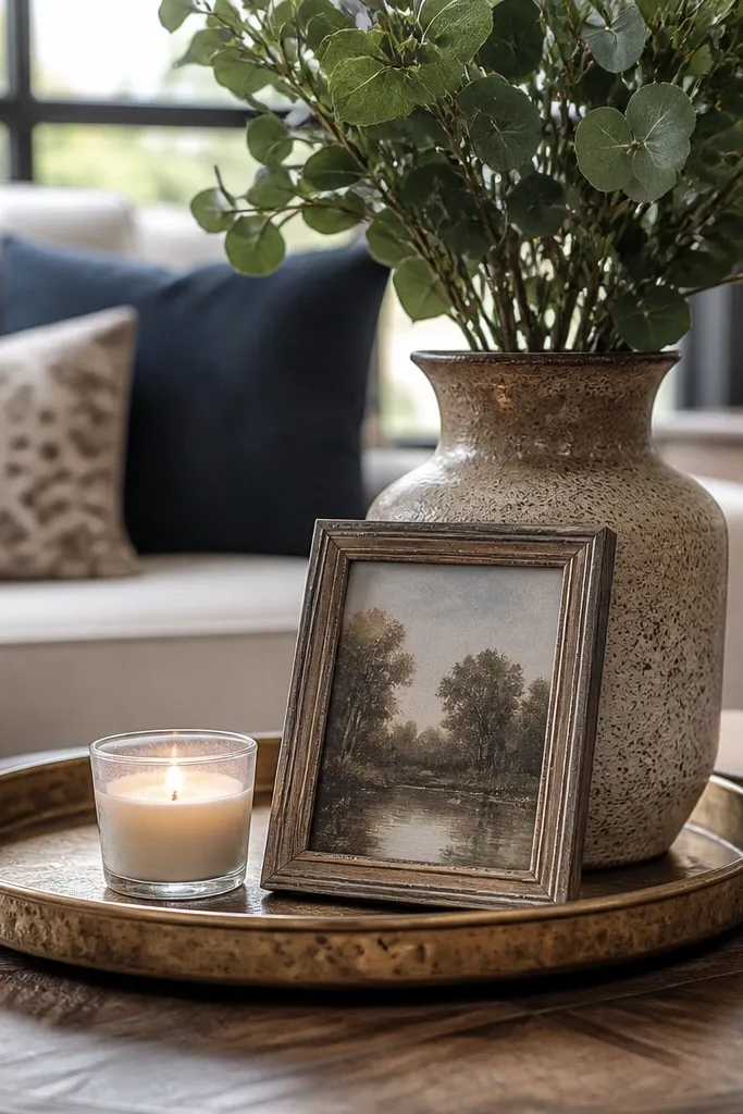 Vintage-style tray with a candle and a small framed print leaning against a vase
