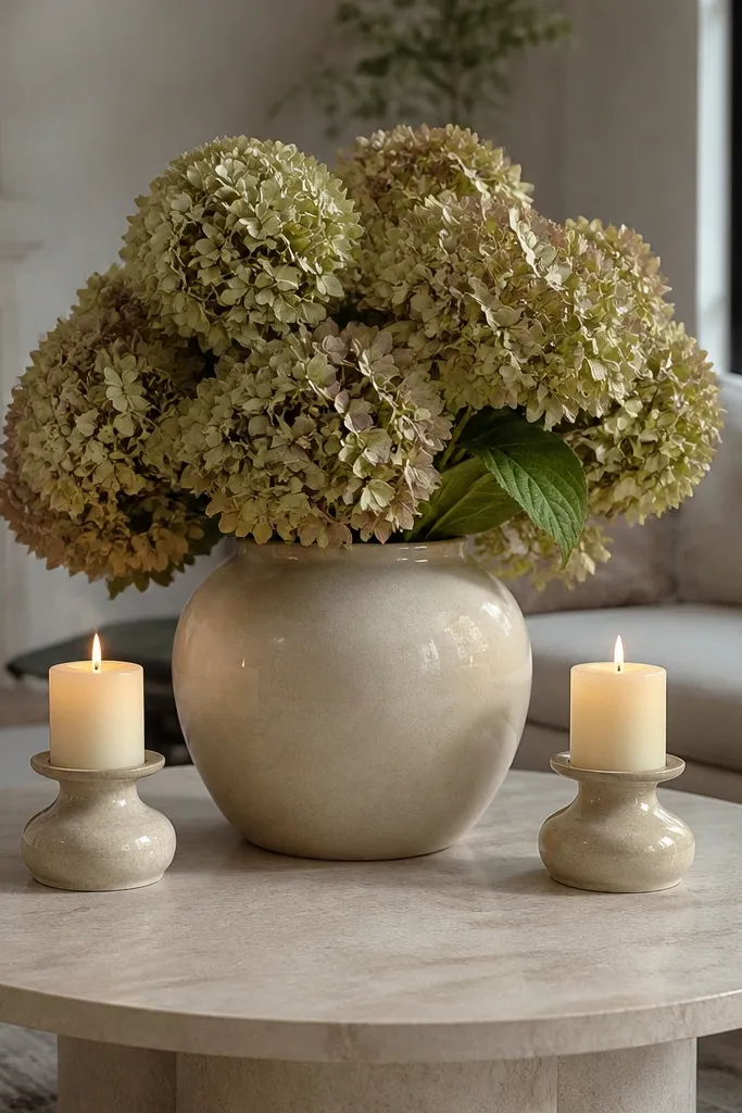 One tall vase with short stems and two small candle holders on a tray