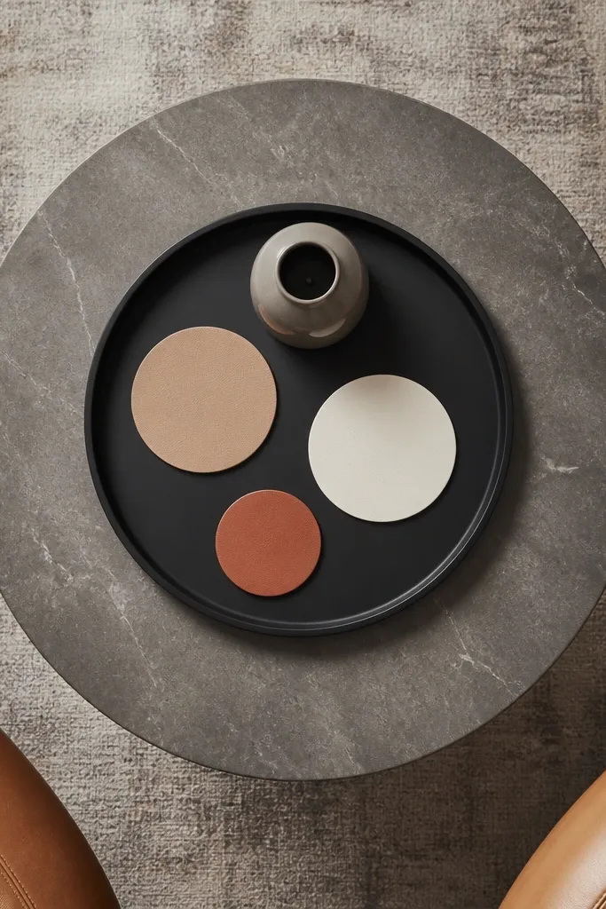 Matte black tray with three coasters in different neutral colors and a small vase
