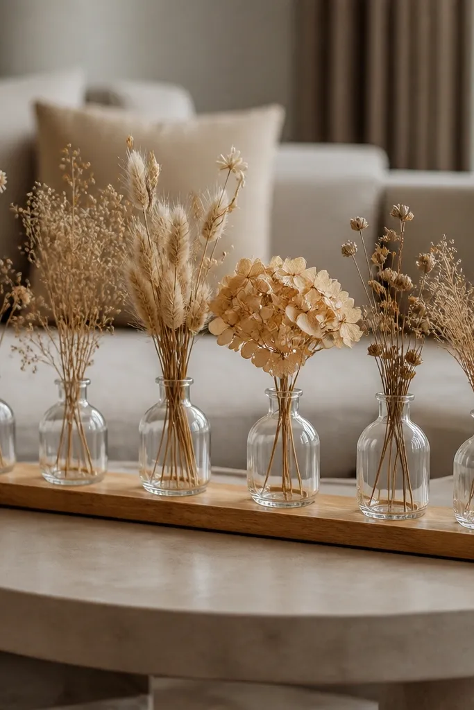 Slim wooden tray with four small bud vases holding dried flowers