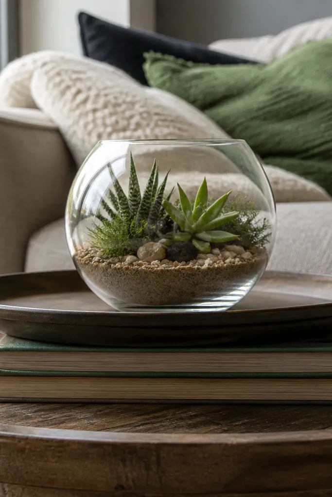 Round tray sitting on a book stack with a small terrarium bowl in the center
