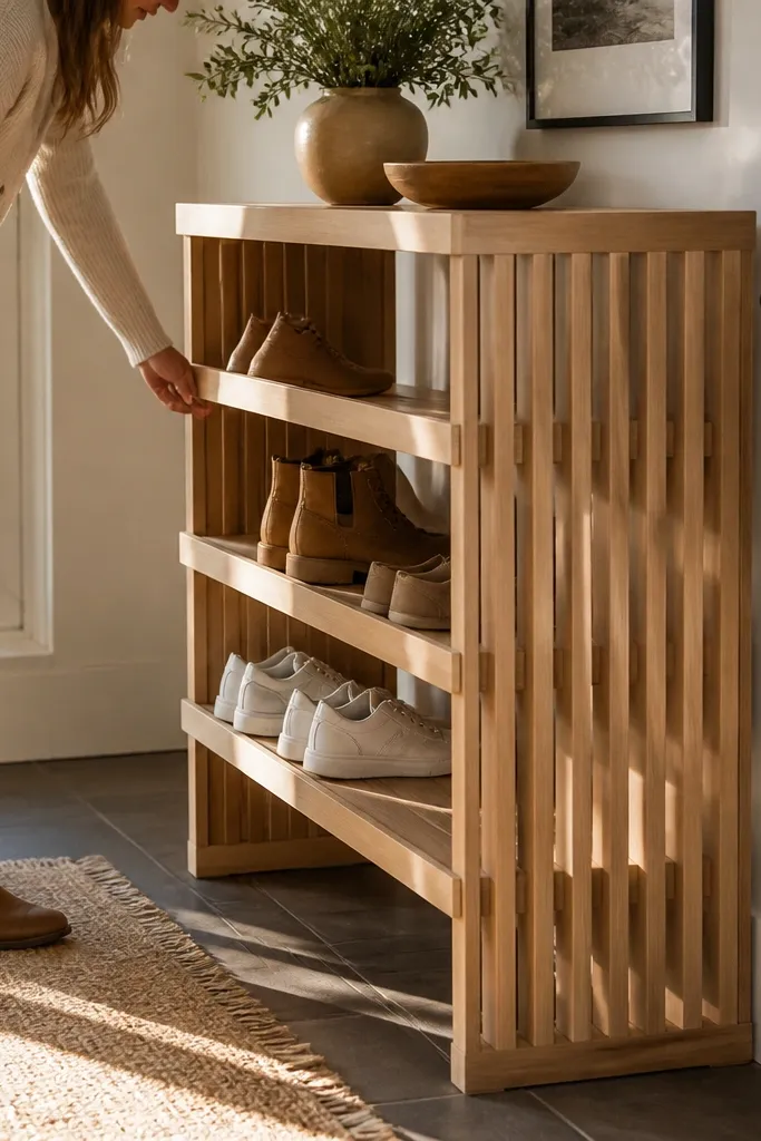 Warm pine slat shoe rack with three open rows and a matching toe-kick base