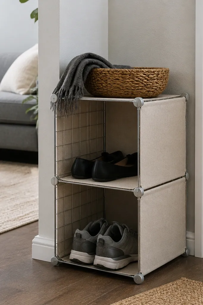 Black wire cube shoe rack with beige fabric liners covering the sides and back