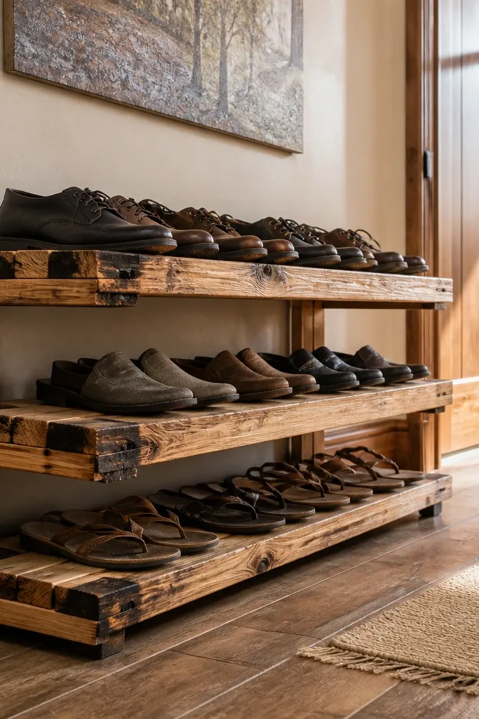 Pallet wood shoe rack with three tiers and darker charred edges