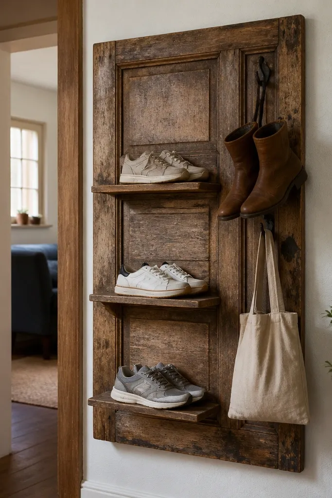 Old door slab turned shoe rack with vertical rows of hooks and open shoe shelves