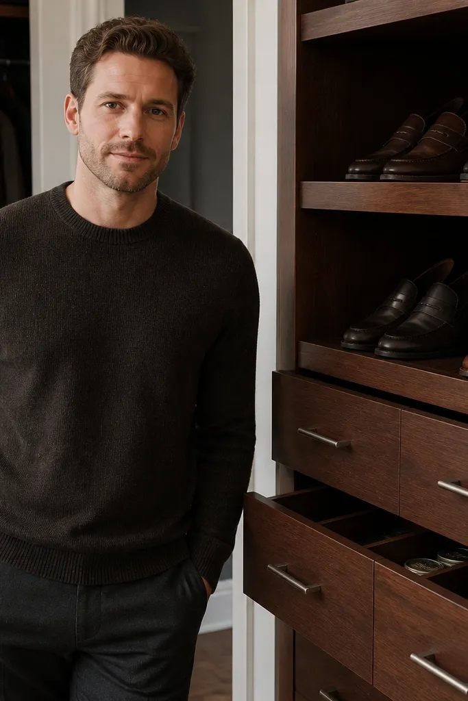 Shoe rack made from old drawer fronts with small open shelves and matching drawer doors
