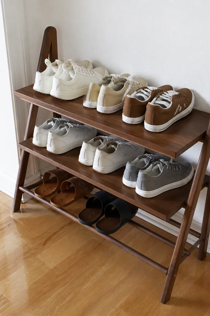Tall wooden corner ladder-style shoe rack with two horizontal shelves