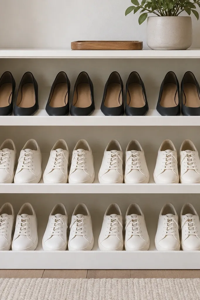 White mini bookcase rack with angled lips holding shoes neatly in rows
