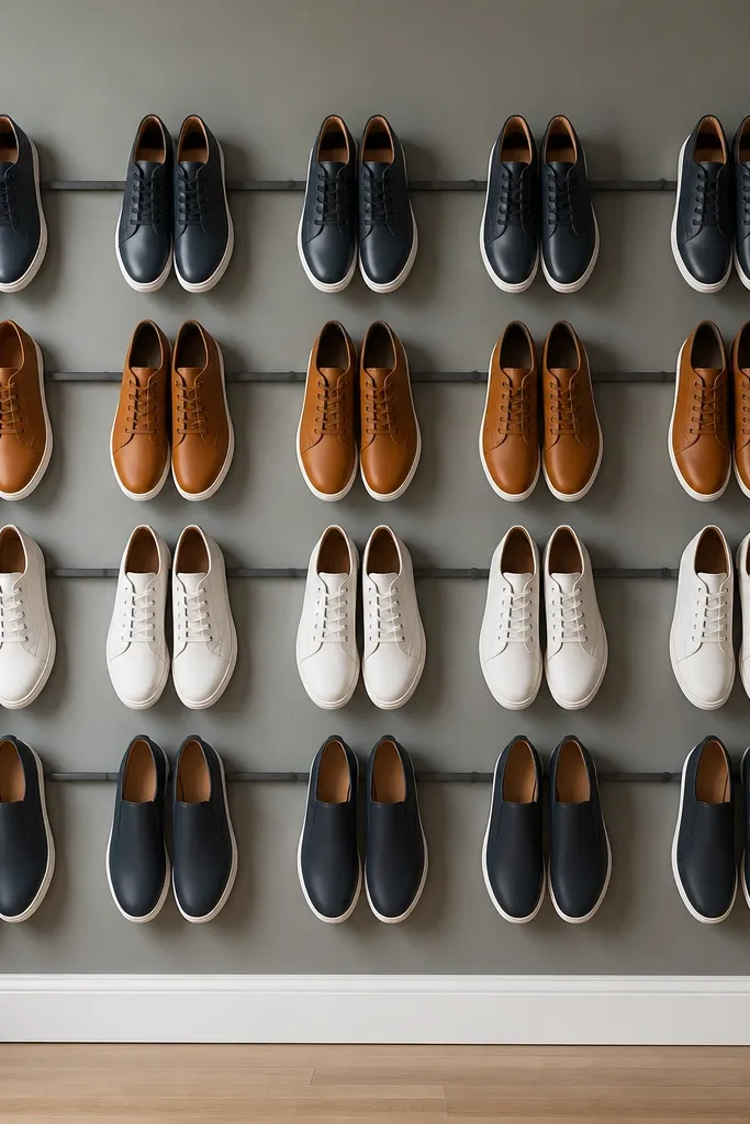 Matte black picture rail shoe rack with a front grid holding pairs upright