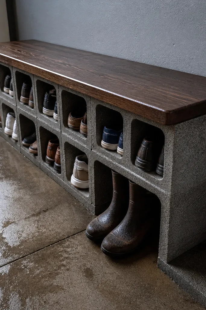 Cinder block shoe rack with a wooden top and shoes stored in block openings