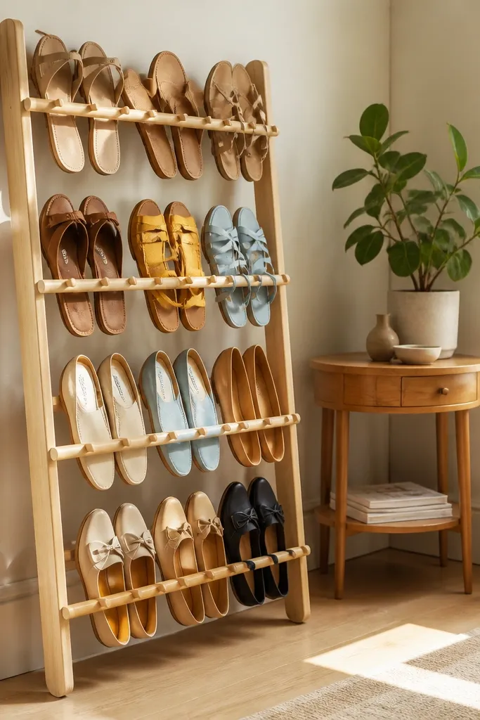 White round-dowel shoe rack holding sandals upright with a clean circular frame