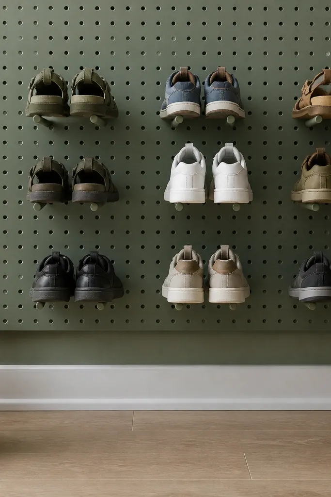 Painted pegboard shoe rack with matching hooks holding shoes in neat rows