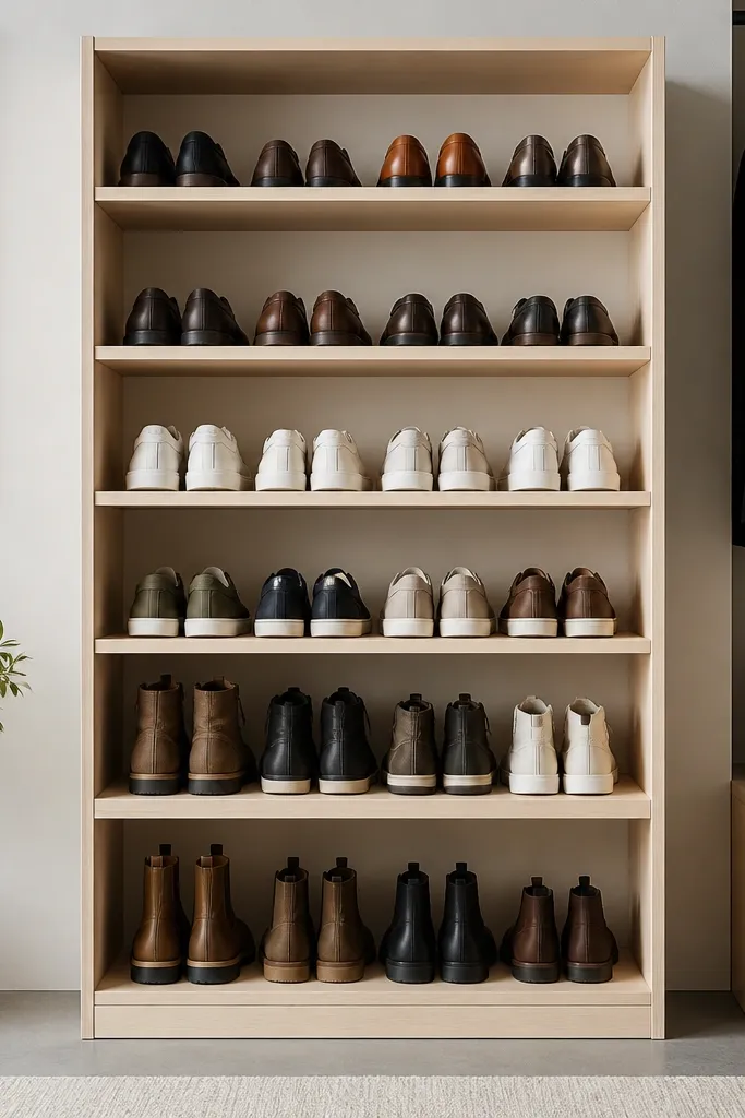 Minimal plywood shoe rack with angled inner supports holding shoes upright