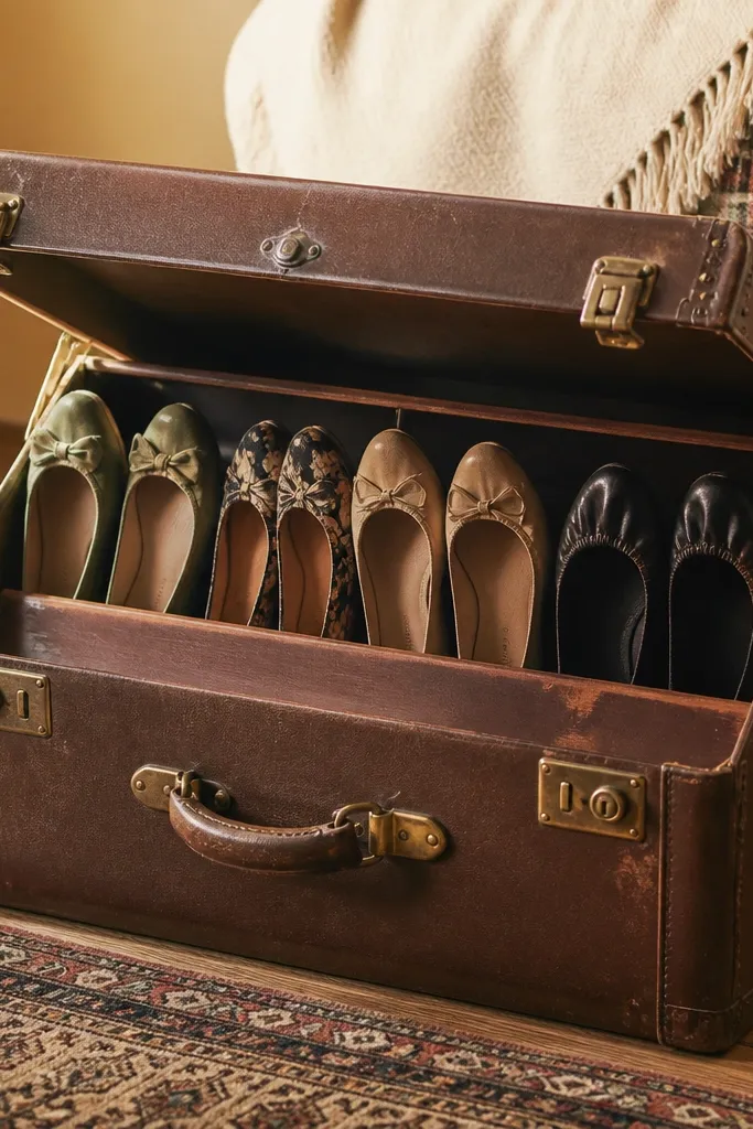 Old suitcase turned shoe rack with flip-down top and shoes neatly stored inside