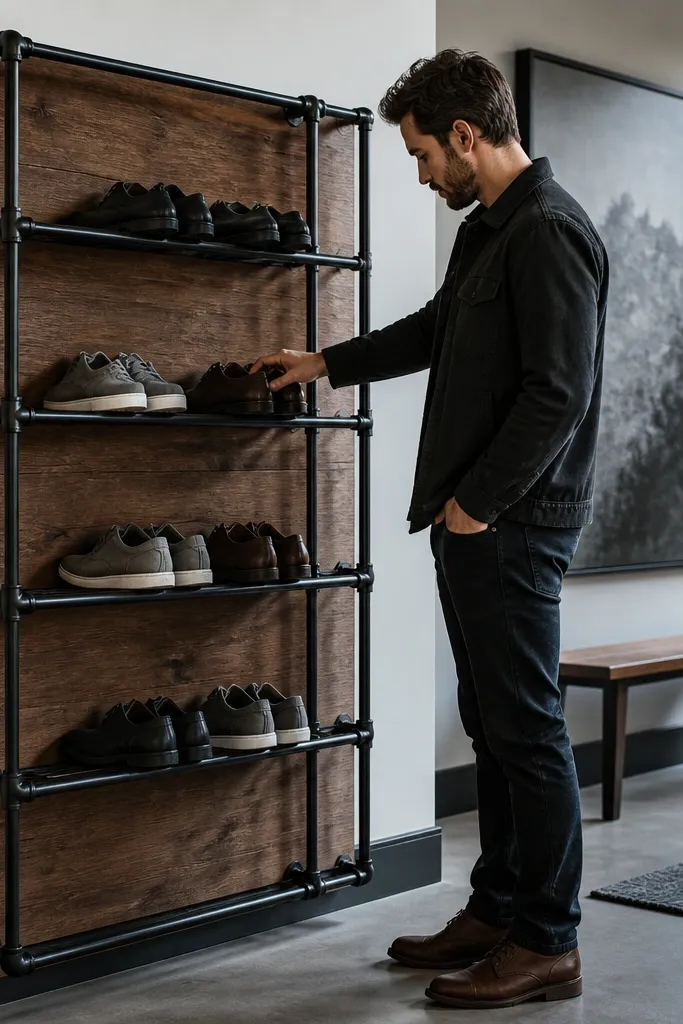 Black pipe and plywood grid shoe rack with open shelves and neat row spacing
